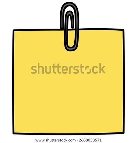 Hand-drawn cartoon paper clip with empty yellow notepaper isolated on a white background. Vector illustration.