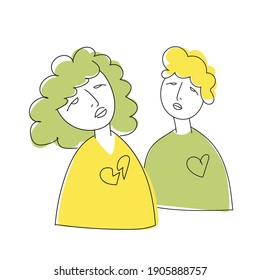 Hand-drawn cartoon people in doodle style on isolated white background. A girl with a broken heart and a guy in love. Colorful vector illustration, relationship concept.