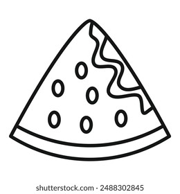 Handdrawn cartoon pizza slice illustration in black and white, featuring cheese, pepperoni, and other toppings, perfect for italian cuisine menus, pizzerias, and kids' restaurants