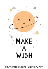 A hand-drawn cartoon planet. Vector space illustration. Perfect for a greeting card, a party invitation, birthday greetings, a poster for the nursery, a print on a T-shirt