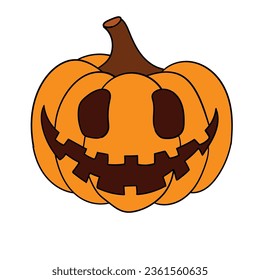 A hand-drawn cartoon pumpkin with a carved grin on its face isolated on a white background. Happy Halloween concept. Flat design. Vector illustration.