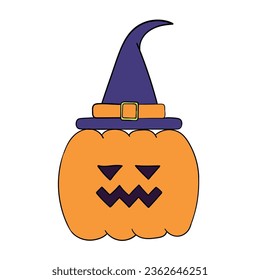 A hand-drawn cartoon pumpkin in a hat isolated on a white background. Halloween concept. Flat design. Vector illustration.
