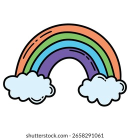 Hand-drawn cartoon rainbow on clouds isolated on a white background. Vector illustration.