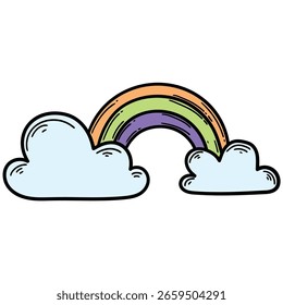Hand-drawn cartoon rainbow on the clouds isolated on a white background. Vector illustration.
