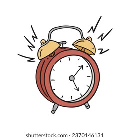 Un reloj despertador rojo dibujado a mano aislado en un fondo blanco. Diseño plano. Ilustración vectorial.