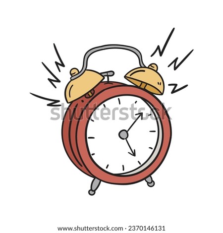 A hand-drawn cartoon red alarm clock isolated on a white background. Flat design. Vector illustration.