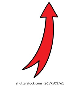 Hand-drawn cartoon red arrow pointing up isolated on a white background. Vector illustration.