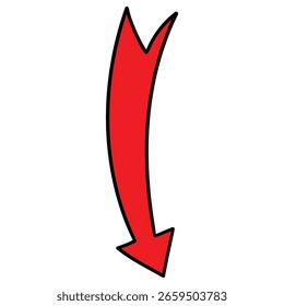 Hand-drawn cartoon red arrow pointing down isolated on a white background. Vector illustration.