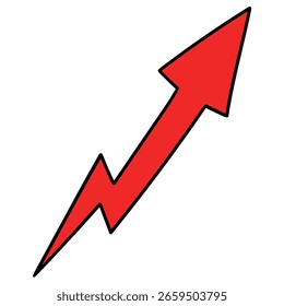 Hand-drawn cartoon red arrow pointing up isolated on a white background. Vector illustration.