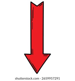Flecha roja dibujada a mano de la historieta que apunta hacia abajo aislado en un fondo blanco. Ilustración vectorial.