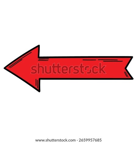 Hand-drawn cartoon red arrow pointing left isolated on a white background. Vector illustration.