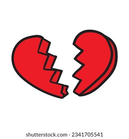 A hand-drawn cartoon red broken heart isolated on a white background. The end of love. Flat design. Vector illustration.