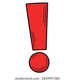 Ponto de exclamação vermelho desenhado à mão isolado sobre um fundo branco. Ilustração vetorial.