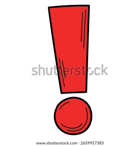 Hand-drawn cartoon red exclamation mark isolated on a white background. Vector illustration.
