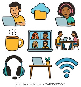 Hand-drawn cartoon remote work icon set isolated on white background. Vector illustration.