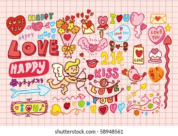 Hand-drawn cartoon romantic set in vector