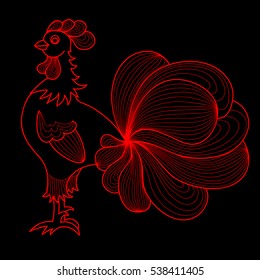 Hand-drawn cartoon rooster in doodle art style. Black and red decoration for cards, invitations, tickets, congratulations, branding, label, poster, banner. Template for coloring books.