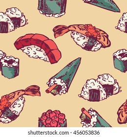 hand-drawn cartoon seamless pattern, vector illustration of japanese traditional food sushi and roll from rice and fish in sketch doodle style