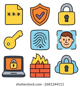 Hand-drawn cartoon security icon set isolated on white background. Password, shield, padlock, key, fingerprint, face id, laptop, firewall, secure cloud. Vector illustration.