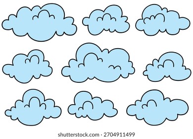 Desenho desenhado à mão conjunto de nuvens azuis isoladas em um fundo branco. Ilustração vetorial.