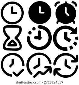 Conjunto de dibujos animados dibujados a mano de iconos de reloj aislados sobre un fondo blanco. Ilustración vectorial.