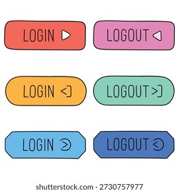 Hand-drawn cartoon set of colored login and logout icons isolated on a white background. Vector illustration.