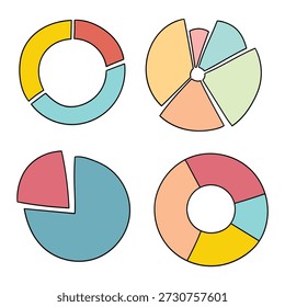 Hand-drawn cartoon set of colored pie charts isolated on a white background. Vector illustration.