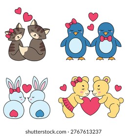 Hand-drawn cartoon set of couple animals in love isolated on a white background. Foxes, penguins, rabbits, bears. Vector illustration.