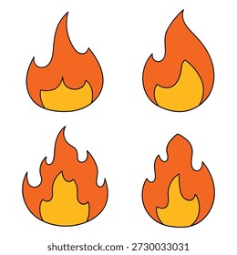 Hand-drawn cartoon set of fire flames isolated on a white background. Vector illustration.
