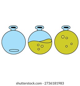 Hand-drawn cartoon set of flask-shaped mana bars for video games isolated on a white background. Vector illustration.