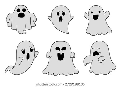 Dibujado a mano conjunto de dibujos animados de fantasmas aislados sobre un fondo blanco. Ilustración vectorial.