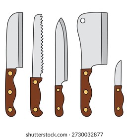 Conjunto de dibujos animados dibujados a mano de cuchillos de cocina aislados sobre un fondo blanco. Ilustración vectorial.