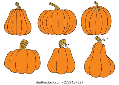 Conjunto de dibujos animados dibujados a mano de calabazas naranjas aisladas sobre un fondo blanco. Ilustración vectorial.