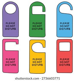 Hand-drawn cartoon set of please do not disturb colored door hangers isolated on a white background. Vector illustration.