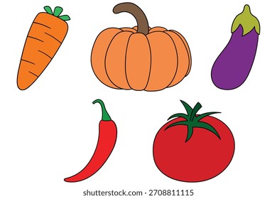 Hand-drawn cartoon set of vegetables isolated on a white background. Carrot, pumpkin, eggplant, chili pepper, tomato. Vector illustration.