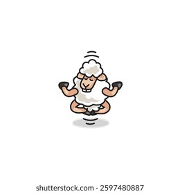 A hand-drawn cartoon sheep in a meditative pose, sitting with legs spread on the ground and hands placed on the floor