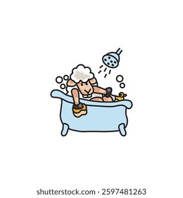 A hand-drawn cartoon sheep relaxing in a bathtub, enjoying a shower.