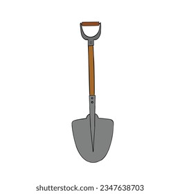 A hand-drawn cartoon shovel with a handle isolated on a white background. Flat design. Vector illustration.