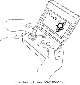 Hand-Drawn Cartoon Sketch of Two Hands Holding Retro Handheld Arcade Mini Console, Vintage Gaming Nostalgia: Hand-Drawn Clip Art of Retro Handheld Video Game Console