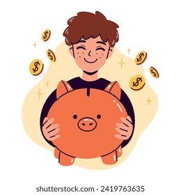 Hand-drawn cartoon smiling boy holding a piggy bank in hands. 
Flat vector illustration with concept of financial education for kids. Pocket money, the idea of investing savings for children.