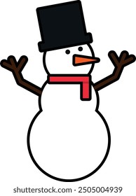 Hand-drawn cartoon snowman with top hat and red scarf, no background.