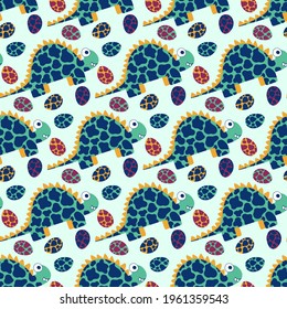 Hand-drawn cartoon stegosaurus dinosaurs and eggs seamless pattern vector. Vibrant prehistoric spotted reptiles and their eggs on a light green background. Bold colors dinos pattern for kids