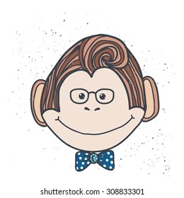 Hand-drawn cartoon style monkey. 2016 the Chinese year of Monkey. Postcard, banner, print, tattoo etc.