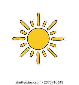 A hand-drawn cartoon sun icon isolated on a white background. Flat design. Vector illustration.