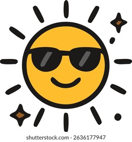 Handdrawn Cartoon Sun with Sunglasses Emoticon Vector Illustration Graphic