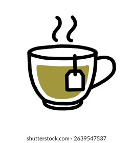 Hand-drawn cartoon tea cup with teabag and steam, isolated illustration for drink, breakfast or cafe icons.