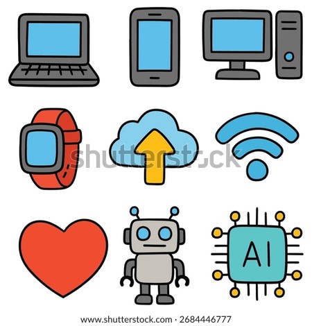 Hand-drawn cartoon technology icon set isolated on white background. Laptop, smartphone, computer, smart watch, upload cloud, wi-fi, heart, robot, artificial intelligence. Vector illustration.