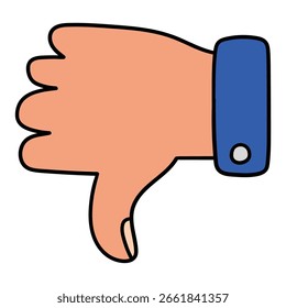 Gesto de pulgar abajo dibujado a mano de la historieta aislado en un fondo blanco. Ilustración vectorial.