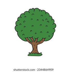 A hand-drawn cartoon tree with green leaves and grass isolated on a white background. Flat design. Vector illustration.