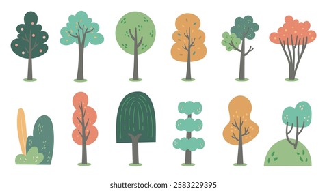 Hand-Drawn Cartoon Trees Clipart Set – Cute Doodle Style, Nature Illustration for Digital Design, Stickers, and Prints